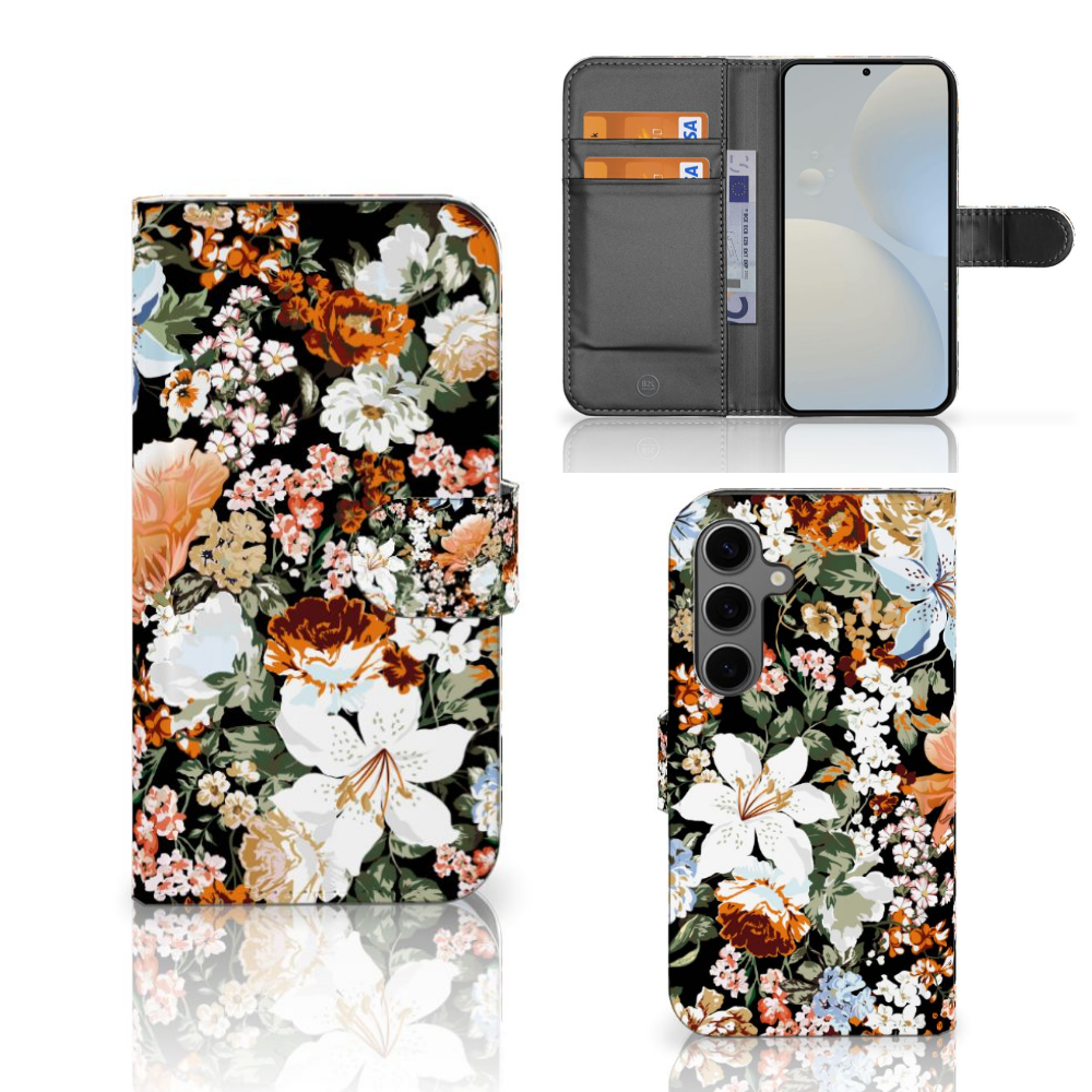 Samsung Galaxy S25 hoesje Dark Flowers vooraan en achteraan