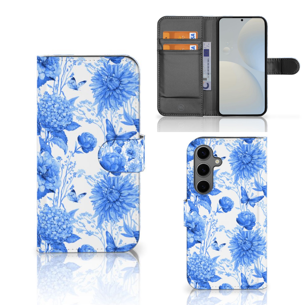 Samsung Galaxy S25 Hoesje Flowers Blue voorkant achterkant binnenzijde