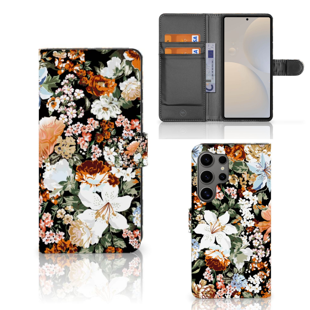 Samsung Galaxy S25 Ultra Hoesje Dark Flowers vooraanzicht zijaanzicht binnenkant