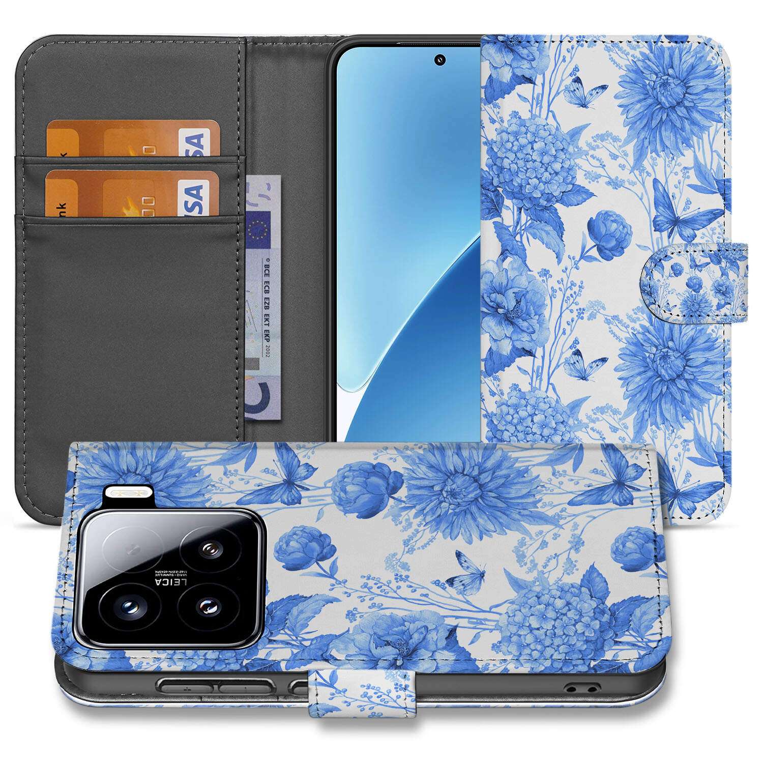 Xiaomi 15 hoesje voor Xiaomi 15 Flowers Blue book case bloemen design voorkant