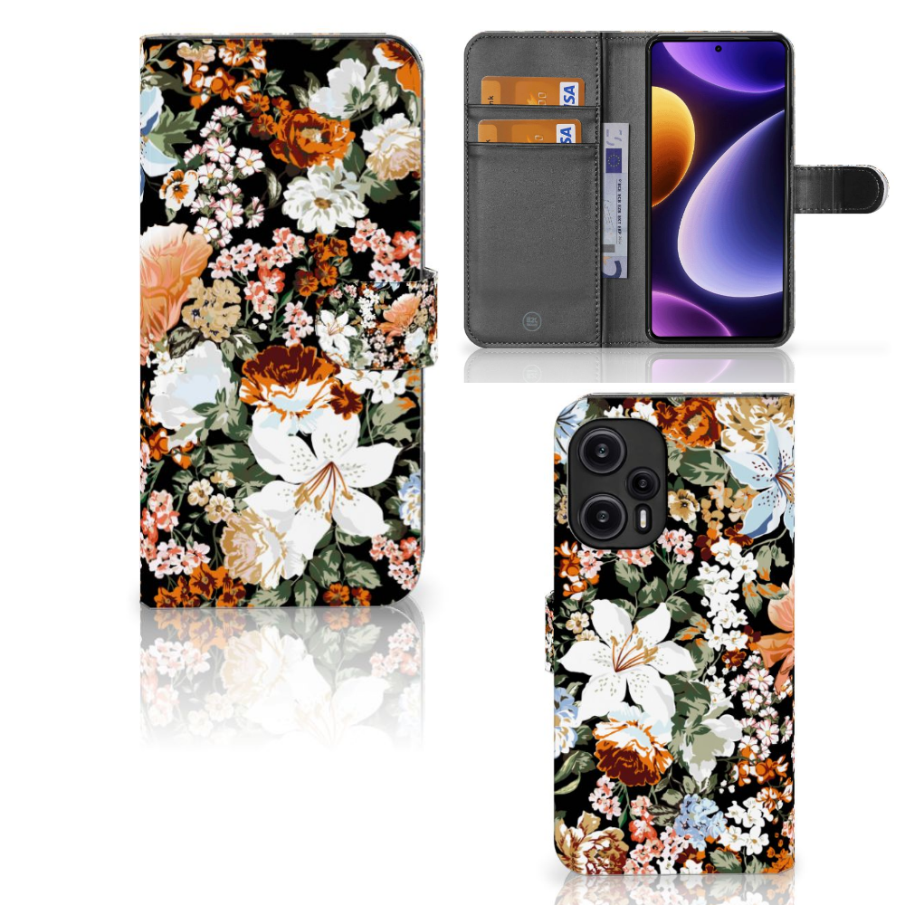 Hoesje voor Xiaomi Poco F5 Dark Flowers hoesje bloemen design voorkant achterkant