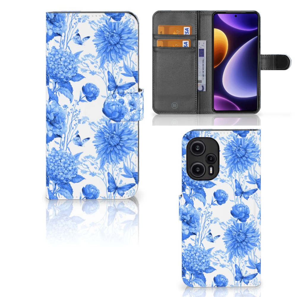 Hoesje voor Xiaomi Poco F5 Flowers Blue telefoonhoesje bloemen design aanzicht