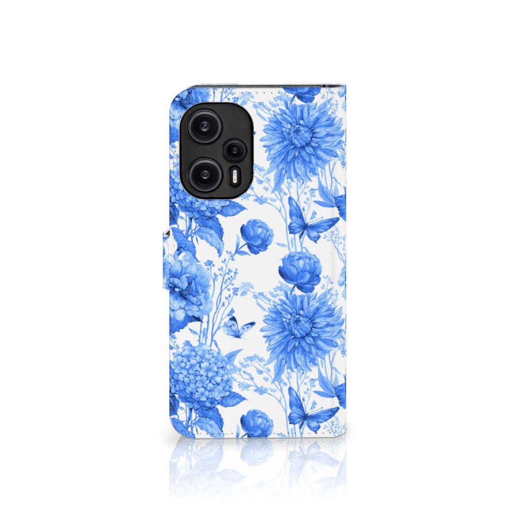 Xiaomi Poco F5 hoesje Flowers Blue bloemen design aanzicht