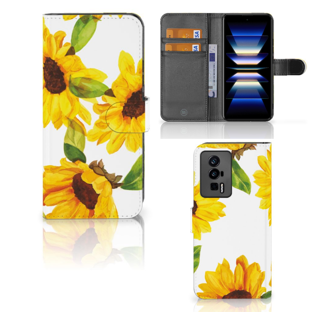 Hoesje voor Xiaomi Poco F5 Pro Zonnebloemen design zonnebloemen aanzicht
