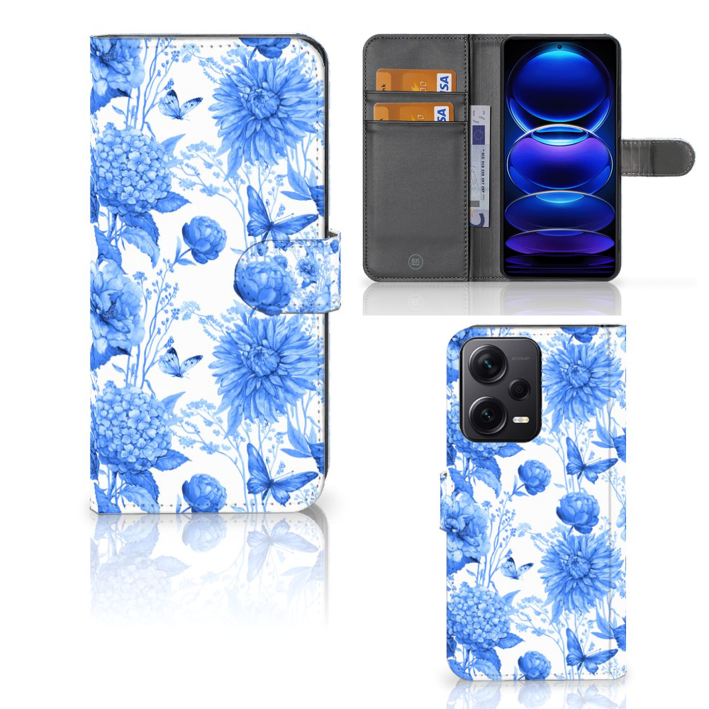 Hoesje voor Xiaomi Poco X5 Pro | Note 12 Pro 5G Flowers Blue portefeuille blauwe bloemen aanzicht