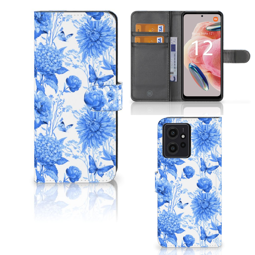 Hoesje voor Xiaomi Redmi Note 12 4G Flowers Blue bloemen design voorkant achterkant aanzicht