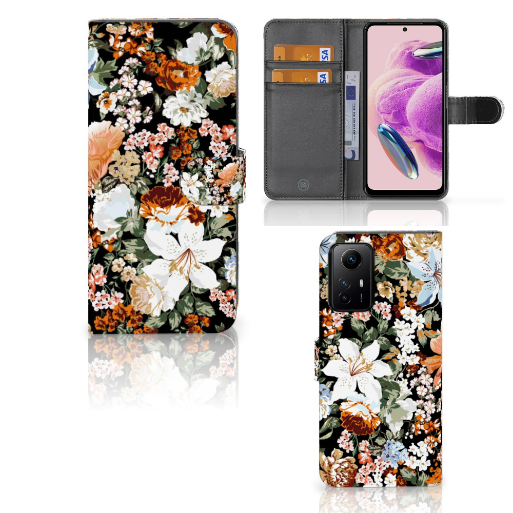 Hoesje voor Xiaomi Redmi Note 12S Dark Flowers hoesje bloemen ontwerp voorkant zijkant binnenkant