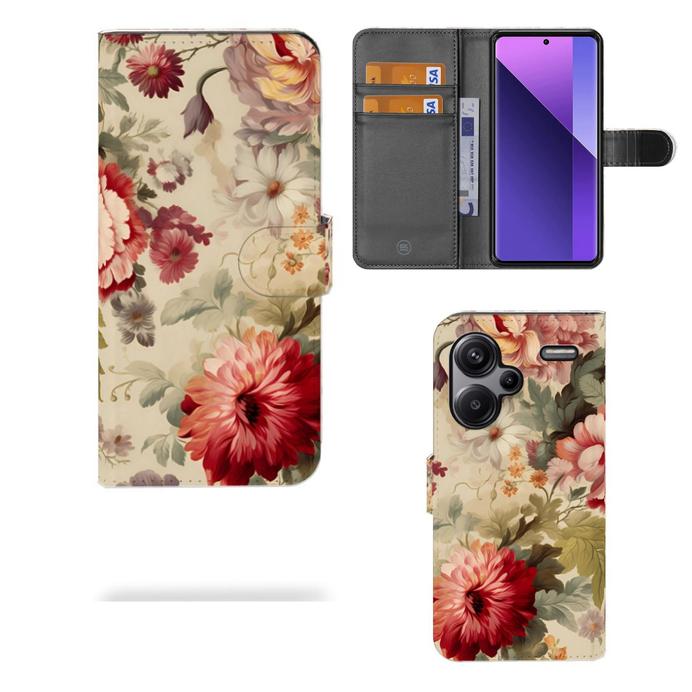 Xiaomi Redmi Note 13 Pro Plus Hoesje voor Xiaomi Redmi Note 13 Pro Plus Bloemen voorzijde binnenzijde achterzijde