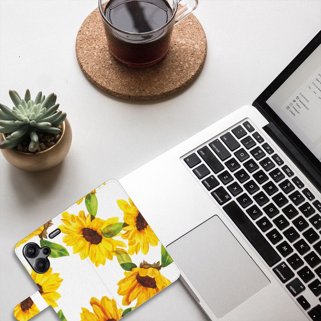 Xiaomi Redmi Note 13 Pro Plus hoesje Zonnebloemen bovenaanzicht