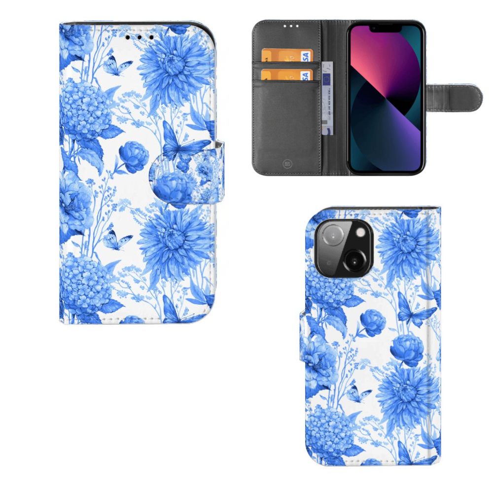 Hoesje voor iPhone 13 Mini Flowers Blue met prachtig blauw bloemen design en ruimte voor drie pasjes.