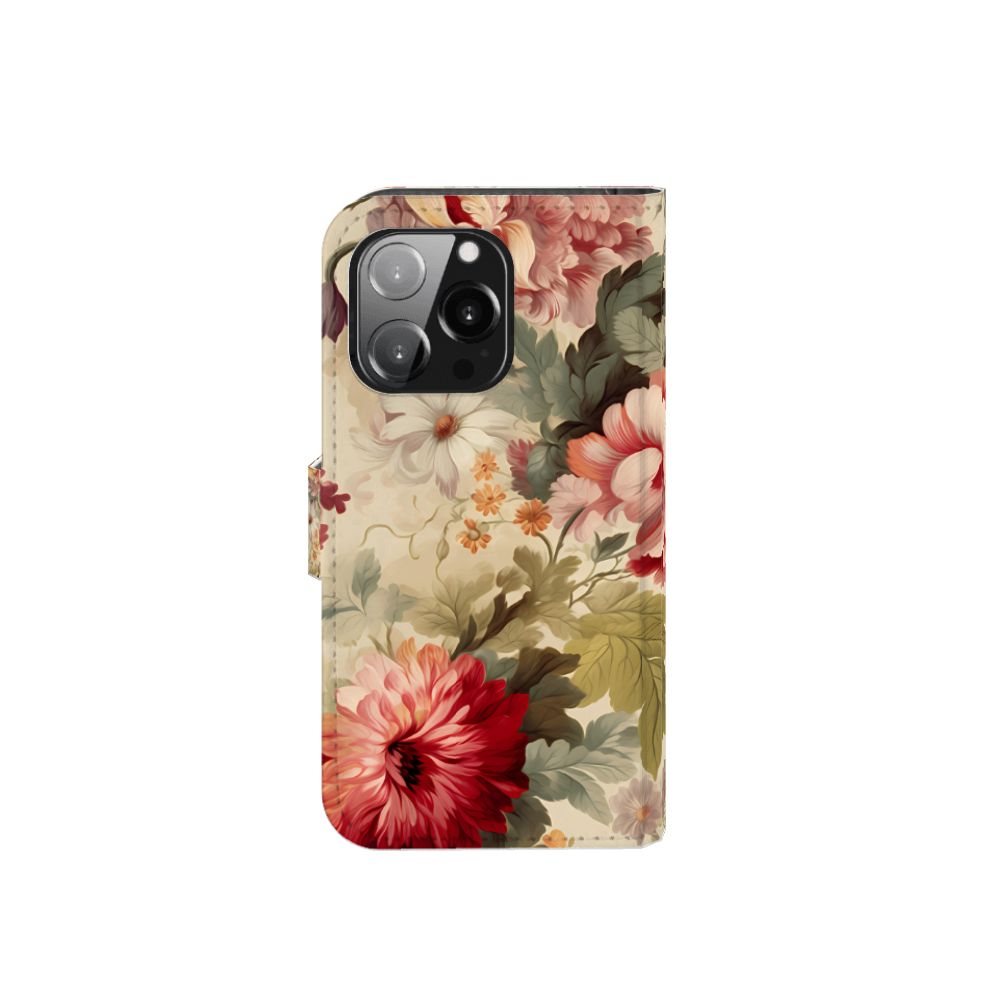 Hoesje voor iPhone 13 Pro Bloemen met prachtige bloemdessin en ruimte voor pasjes.