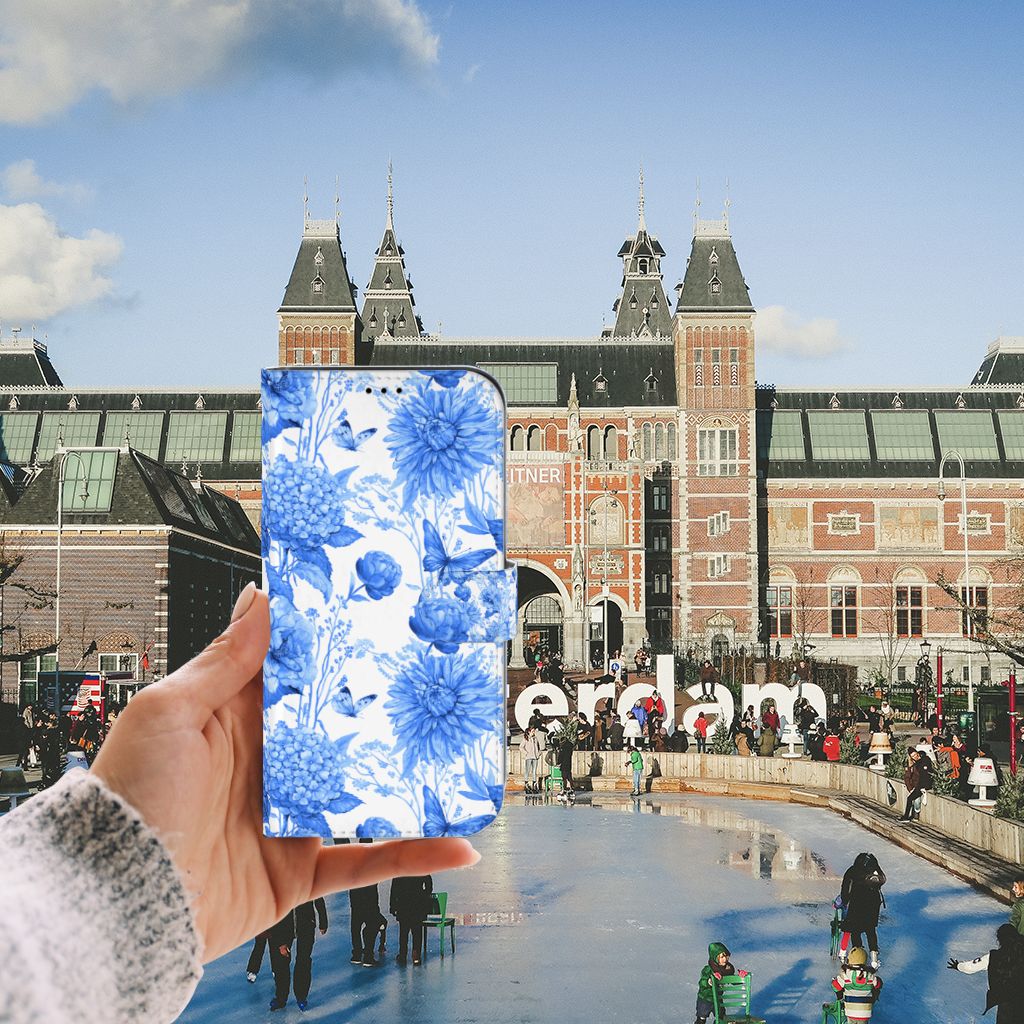 iPhone 13 Pro Max Hoesje voor iPhone 13 Pro Max Flowers Blue voorkant met Amsterdam achtergrond