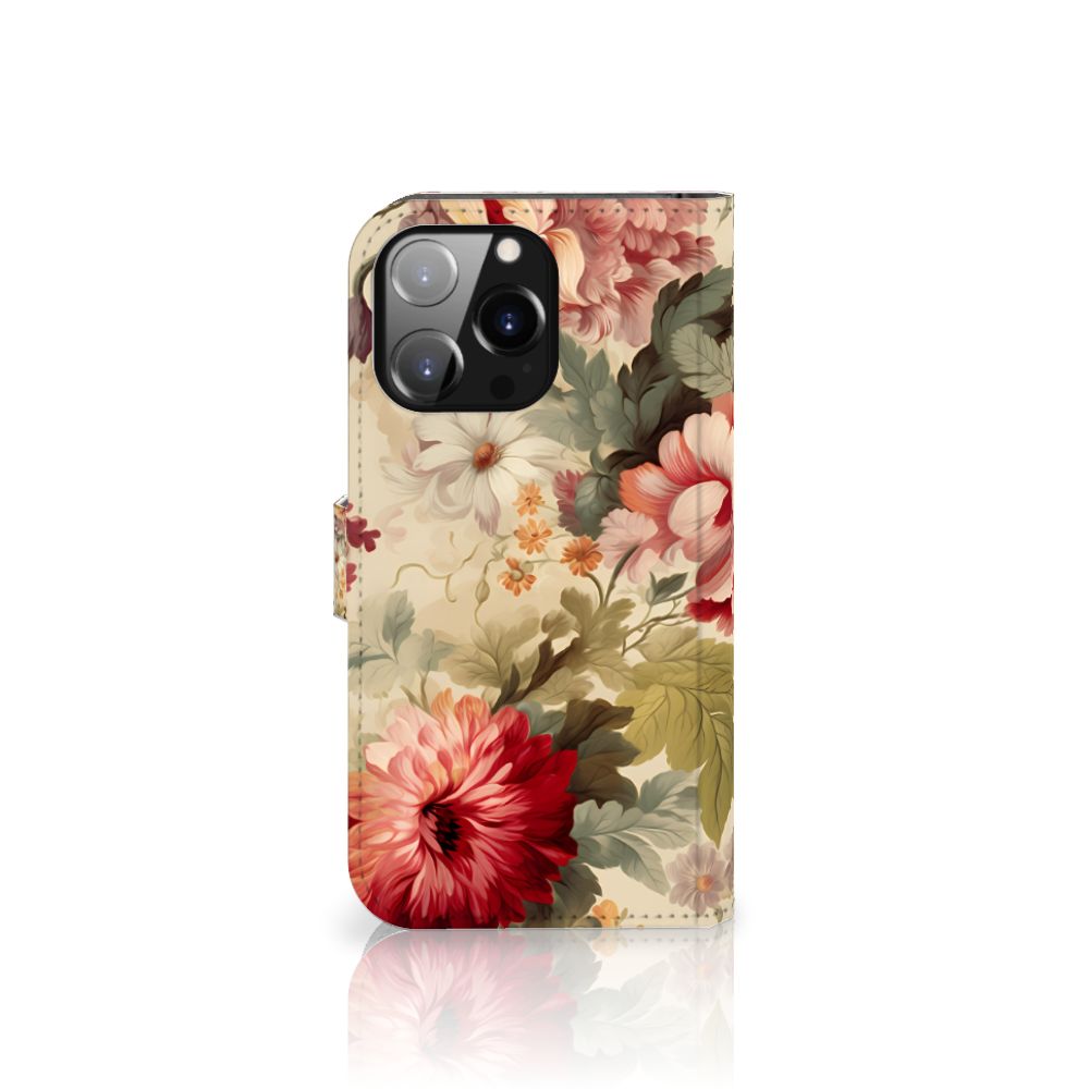 Hoesje voor iPhone 14 Pro Max Bloemen met een prachtig bloemenontwerp en ruimte voor drie pasjes.