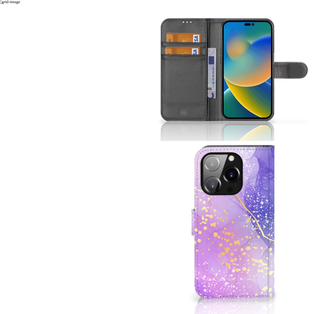 Hoesje voor iPhone 14 Pro Watercolor Paars met stijlvolle watercolor design en ruimte voor pasjes.