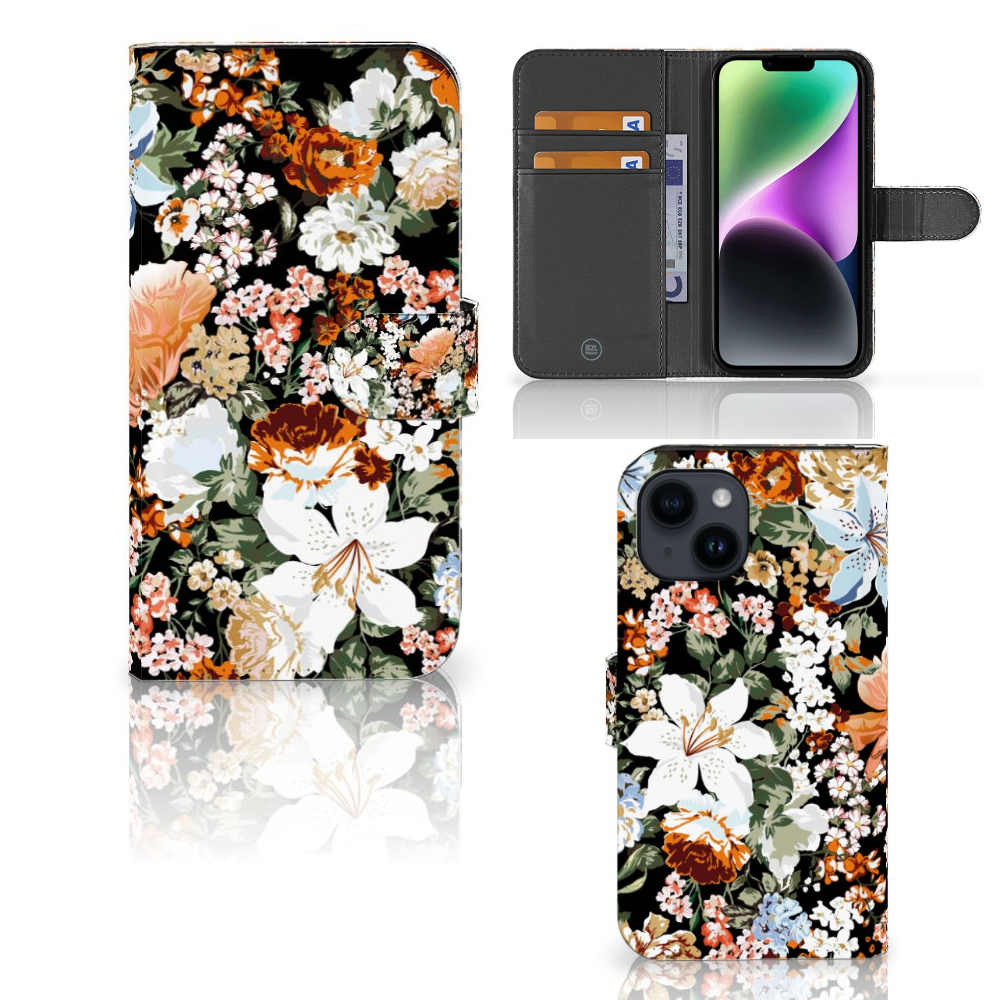 Hoesje voor iPhone 15 Dark Flowers met kleurrijke bloemenprint, ideaal voor het beschermen van je telefoon.