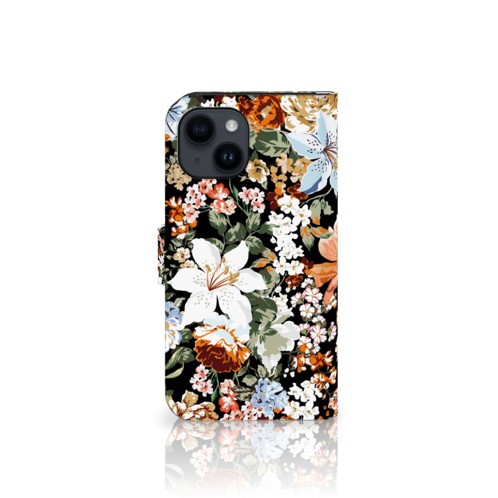 Hoesje voor iPhone 15 Dark Flowers met kleurrijke bloemenprint op een zwart achtergrond.