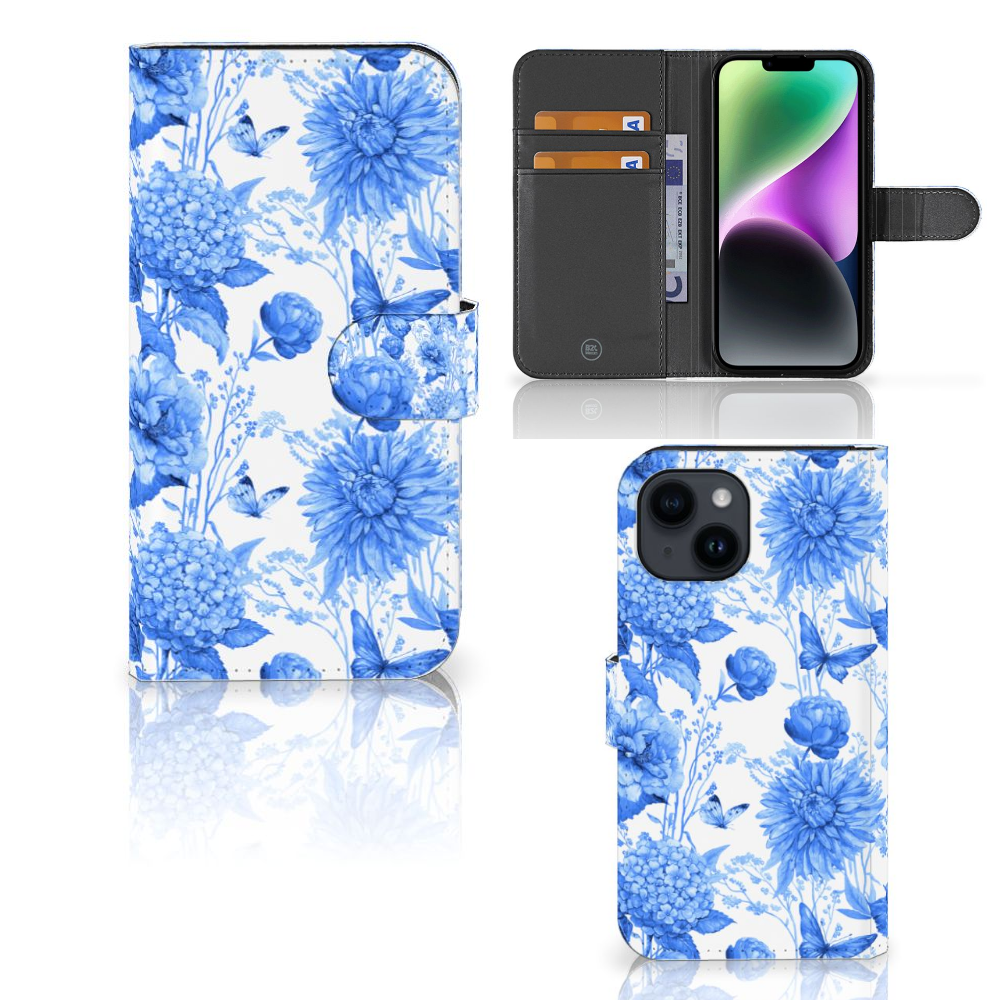 iPhone 15 hoesje voor iPhone 15 Flowers Blue bloemen design voorkant achterzijde