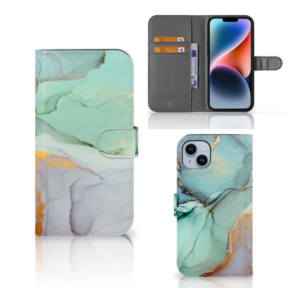 Hoesje voor iPhone 15 Plus Watercolor Mix met elegant kleurenschema en ruimte voor drie pasjes 🎨.