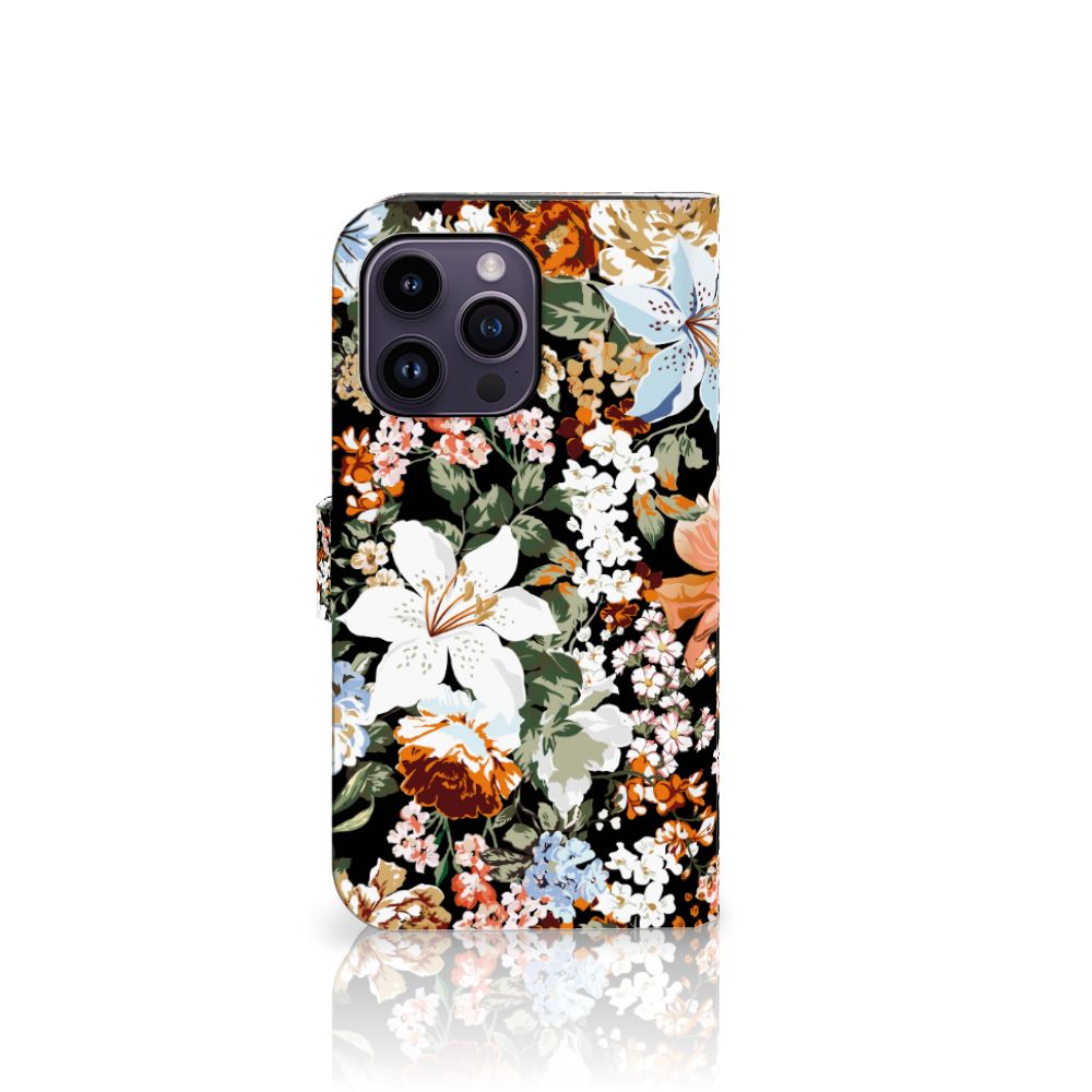 Hoesje voor iPhone 15 Pro Max Dark Flowers met kleurrijk bloemendesign 🌸 en pasjeshouder.