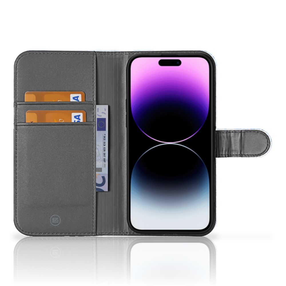 Hoesje voor iPhone 15 Pro Max Flowers Blue met ruimte voor drie pasjes en een elegante uitstraling.