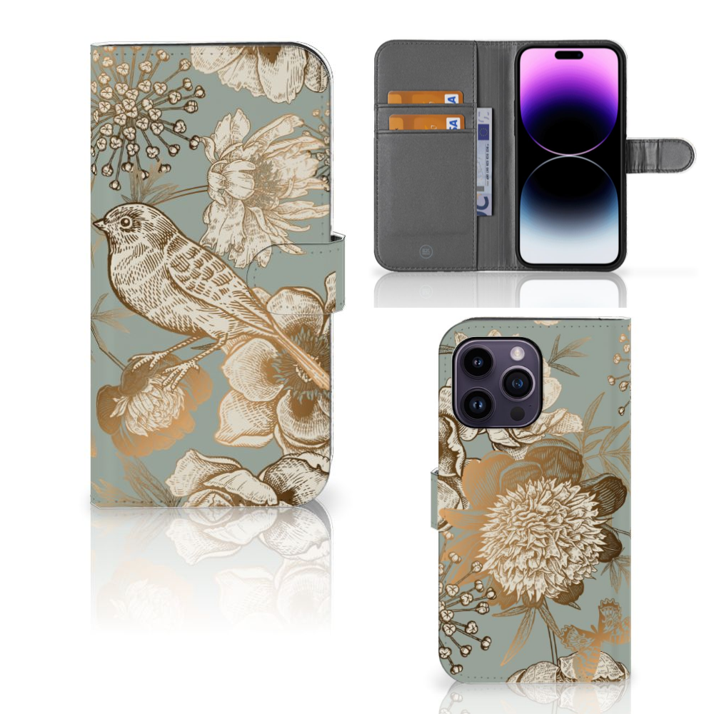 Hoesje voor iPhone 15 Pro Max Vintage Bird Flowers voorzijde binnenzijde zijkant