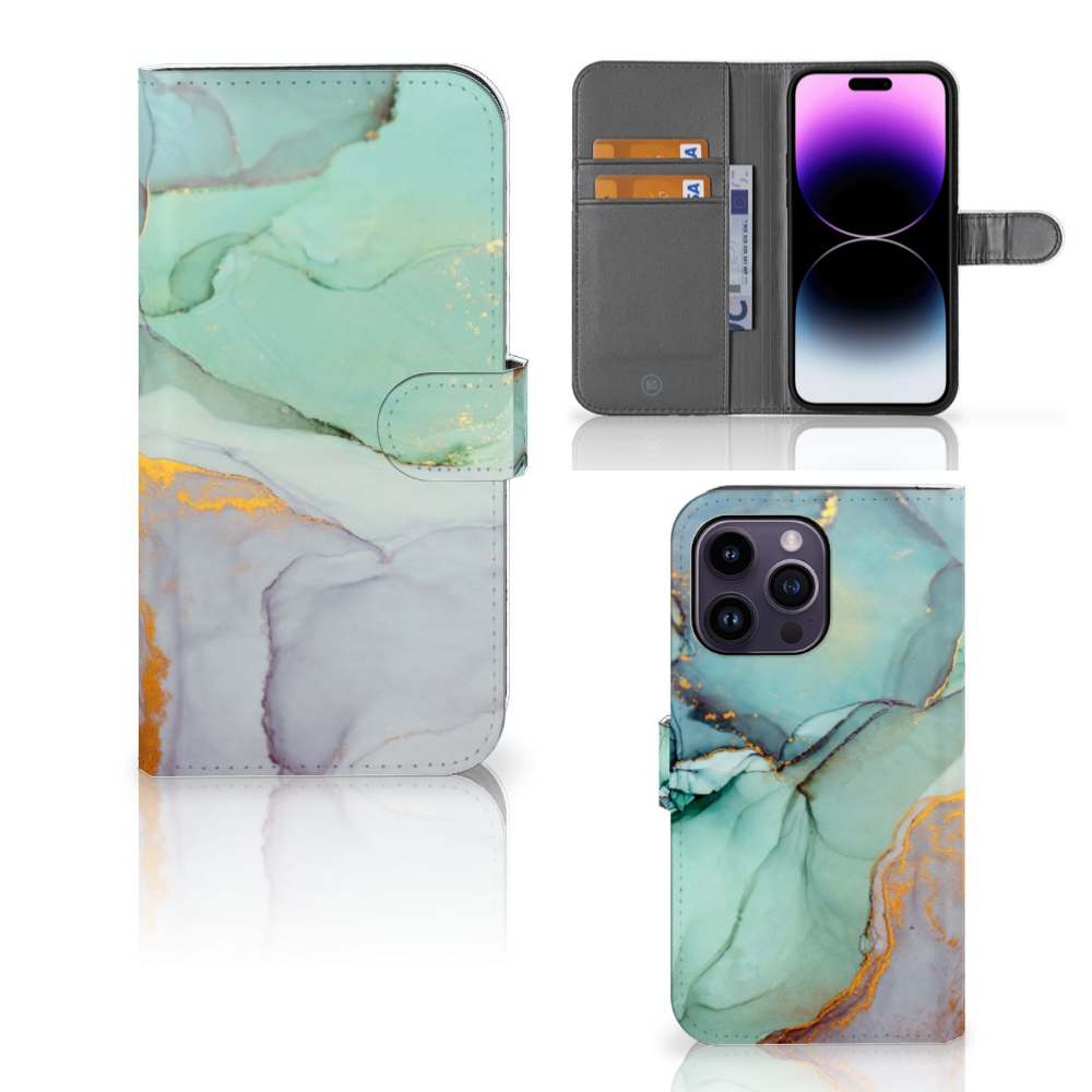 Hoesje voor iPhone 15 Pro Max Watercolor Mix met een prachtig kleurenontwerp en ruimte voor drie pasjes.