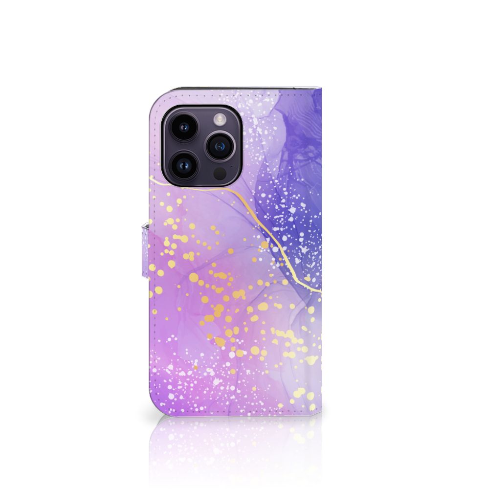 Hoesje voor iPhone 15 Pro Max Watercolor Paars met een trendy paars en gouden ontwerp.