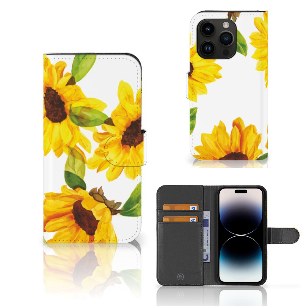 Hoesje voor iPhone 15 Pro Zonnebloemen met levendige zonnebloemontwerpen en ruimte voor drie pasjes 🌻