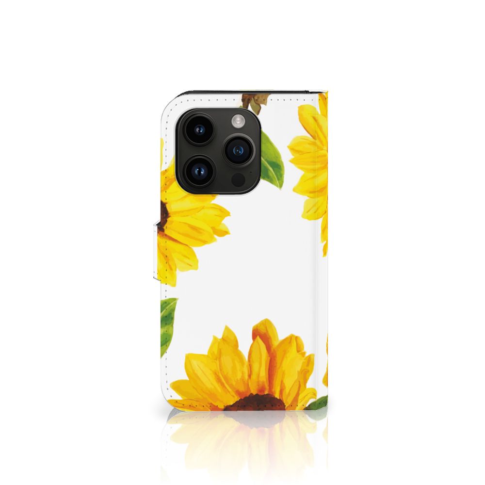 Hoesje voor iPhone 15 Pro Zonnebloemen met mooie zonnebloemenprint en ruimte voor drie pasjes 🌻