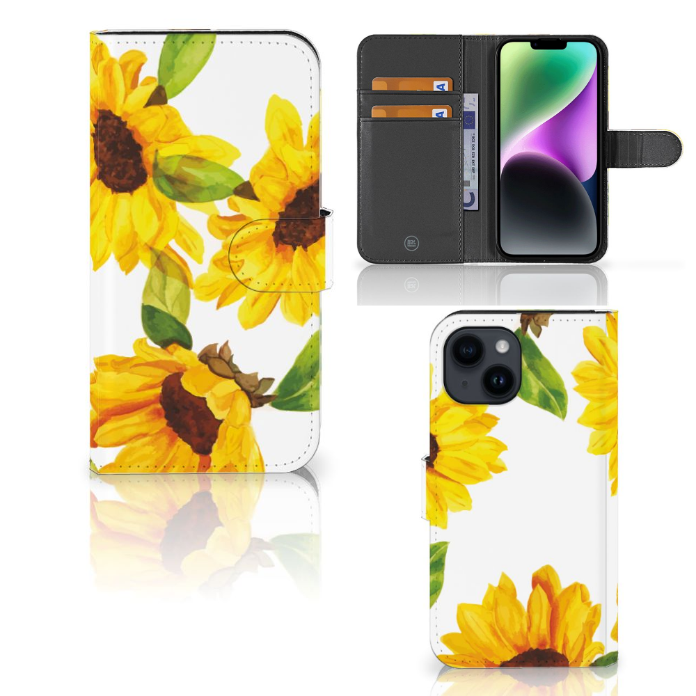 Hoesje voor iPhone 15 Zonnebloemen met prachtig zonnebloemen ontwerp en ruimte voor drie pasjes 🌻.