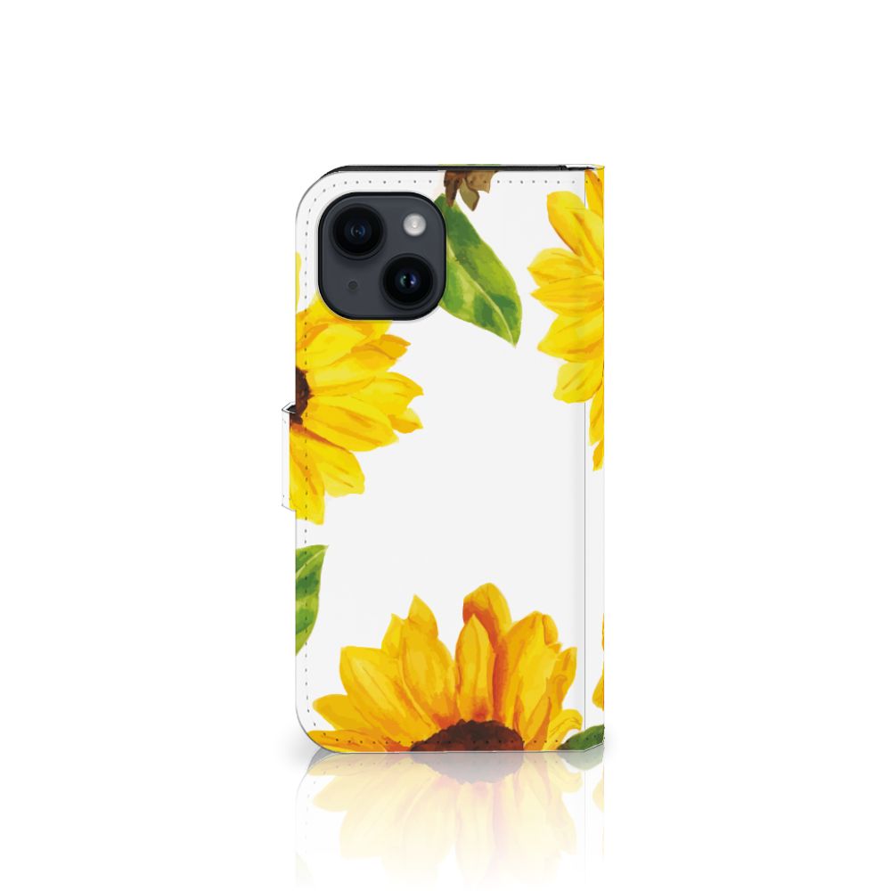 Hoesje voor iPhone 15 Zonnebloemen met vrolijke zonnebloemen op een wit ontwerp 🌻.