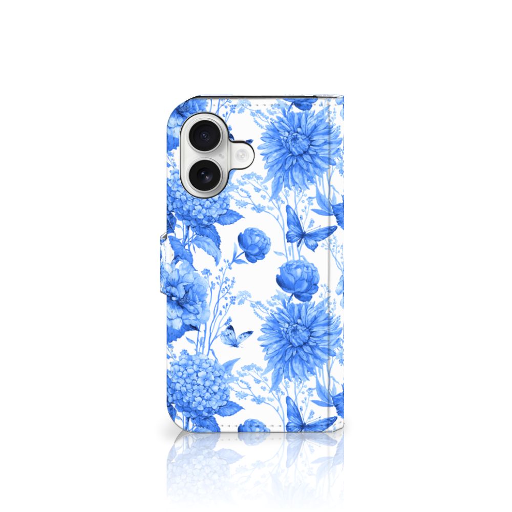 iPhone 16 Hoesje voor iPhone 16 Flowers Blue bloemen design achterkant