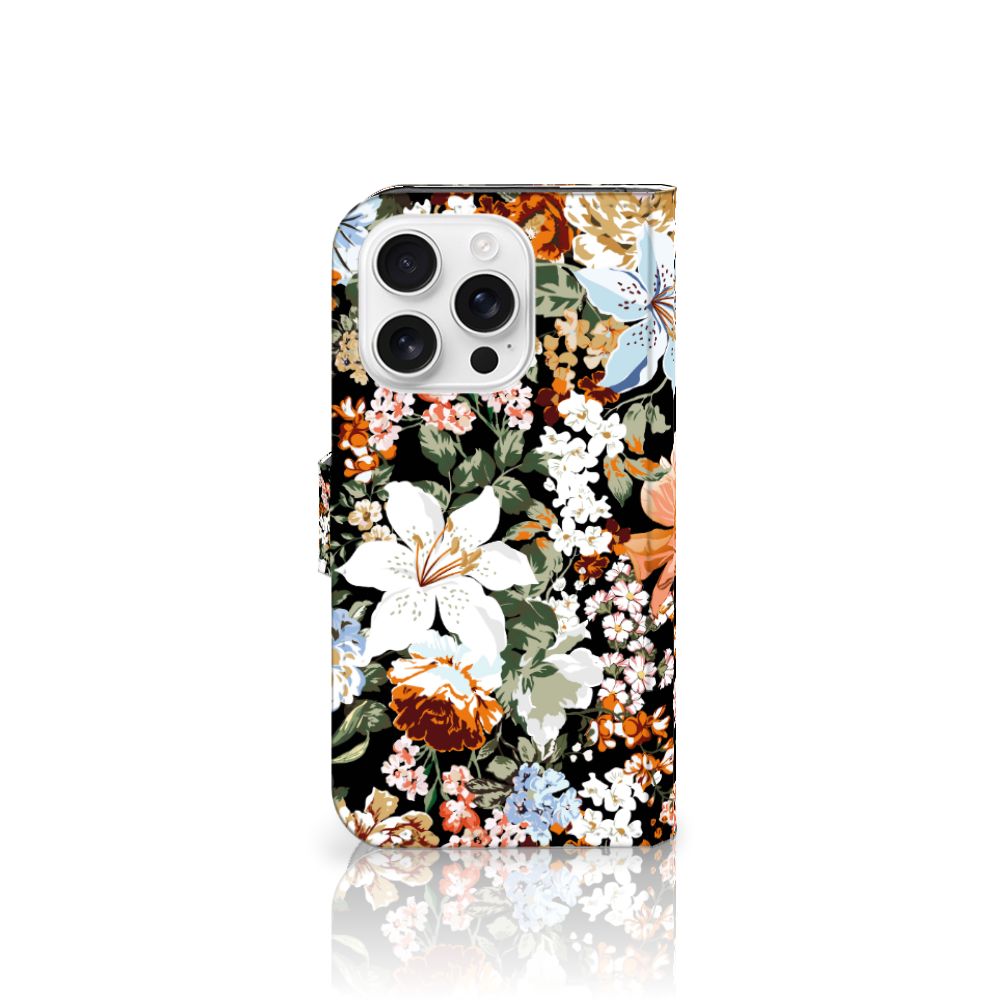 Hoesje voor iPhone 16 Pro Dark Flowers bloemen design vooraanzicht