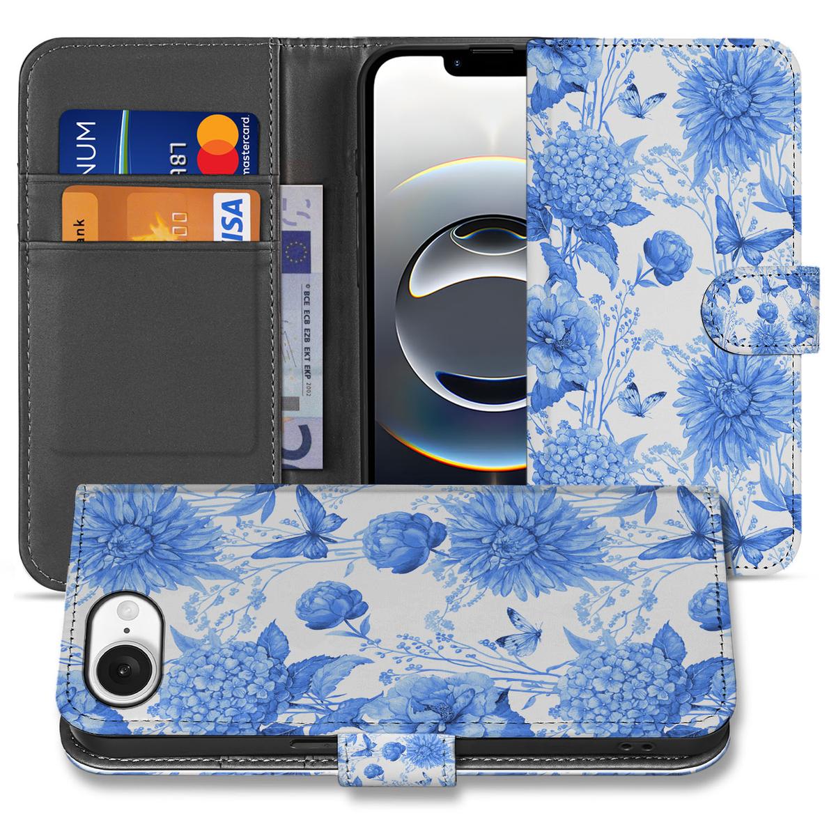 Apple iPhone 16e hoesje voor iPhone 16e Flowers Blue bloemenprint aanzicht