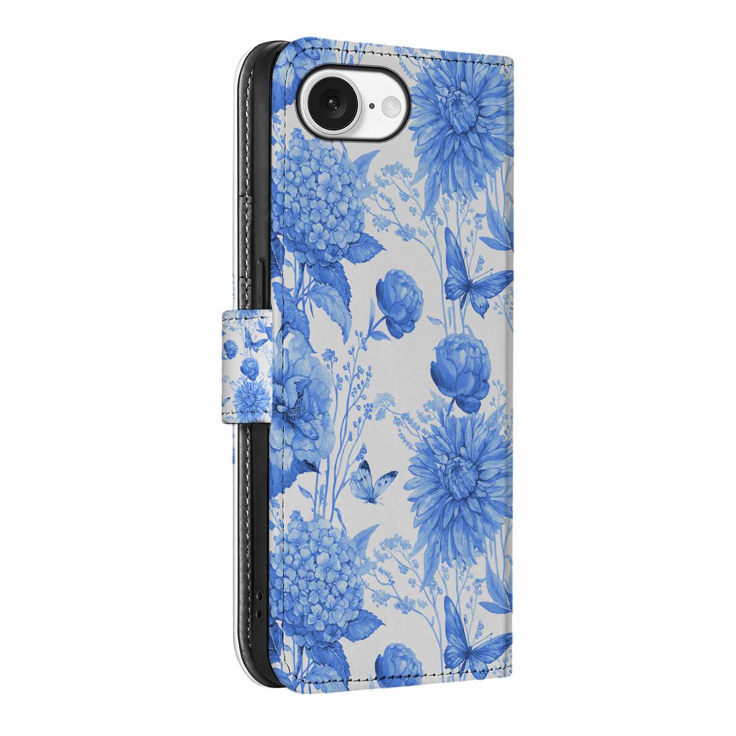 Hoesje voor iPhone 16e Flowers Blue bloemen design zijkant