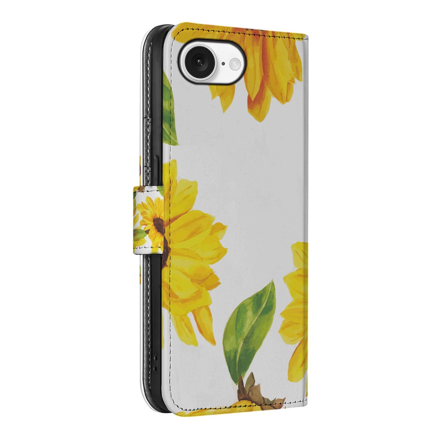 Hoesje voor iPhone 16e Zonnebloemen boek omslag geel bloem aanzicht