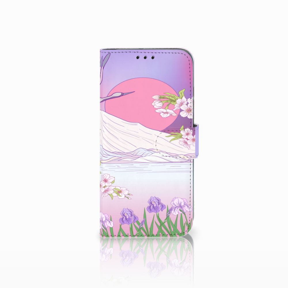 Honor 10 Lite Telefoonhoesje met Pasjes Bird Flying in paars en roze met bloemen voor bescherming en uitstraling.