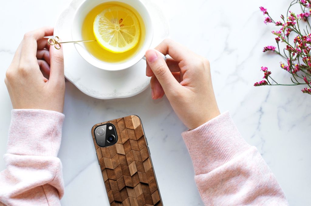 Houten Print Telefoonhoesje voor Apple iPhone 13 | iPhone 14 Wooden Cubes B2C Telecom