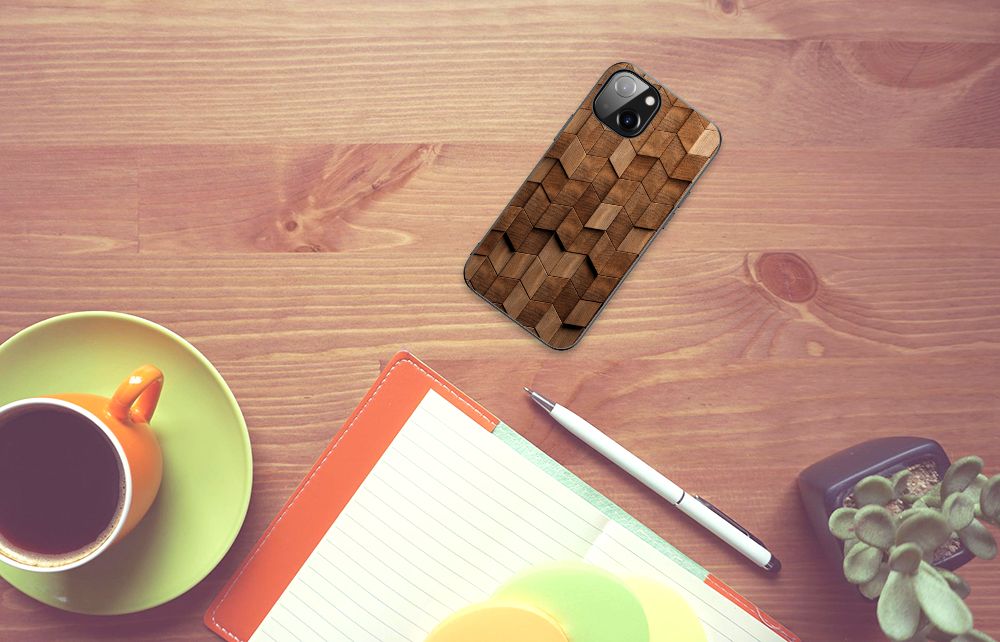 Houten Print Telefoonhoesje voor Apple iPhone 13 | iPhone 14 Wooden Cubes B2C Telecom