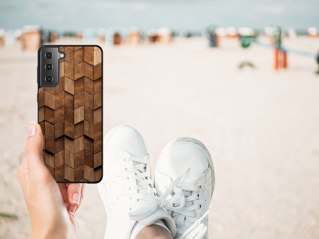 Houten Print Telefoonhoesje voor Samsung Galaxy S21 Plus Wooden Cubes B2C Telecom