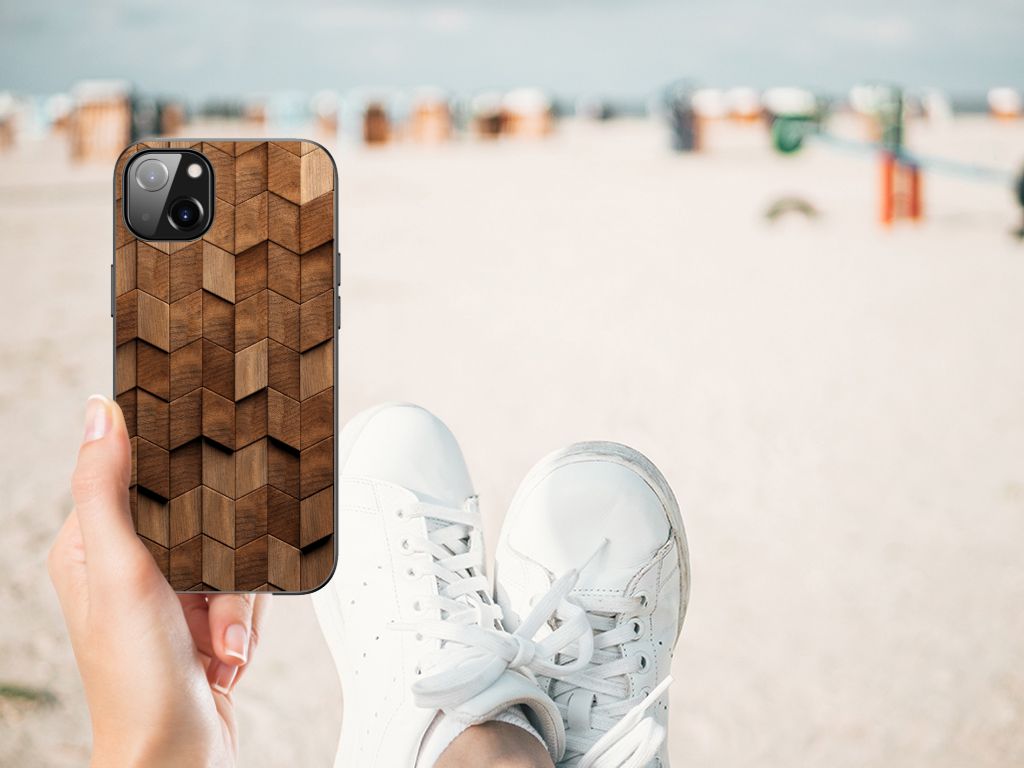 Houten Print Telefoonhoesje voor iPhone 14 Plus Wooden Cubes telefoonhoesje houten design hand