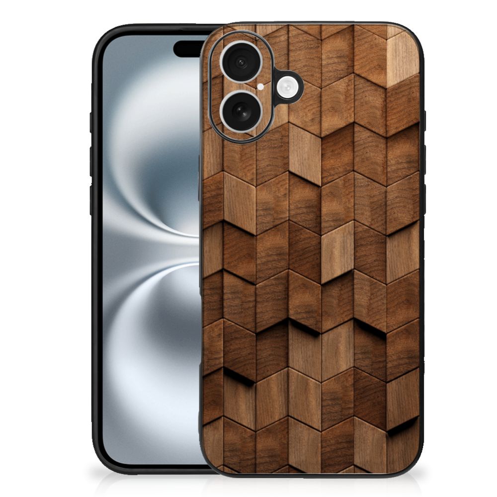 Houten Print Telefoonhoesje voor iPhone 16 Plus Wooden Cubes telefoonhoesje houtprint aanzicht