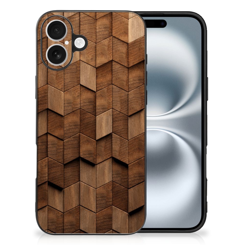 Houten Print Telefoonhoesje voor iPhone 16 Wooden Cubes design achterkant