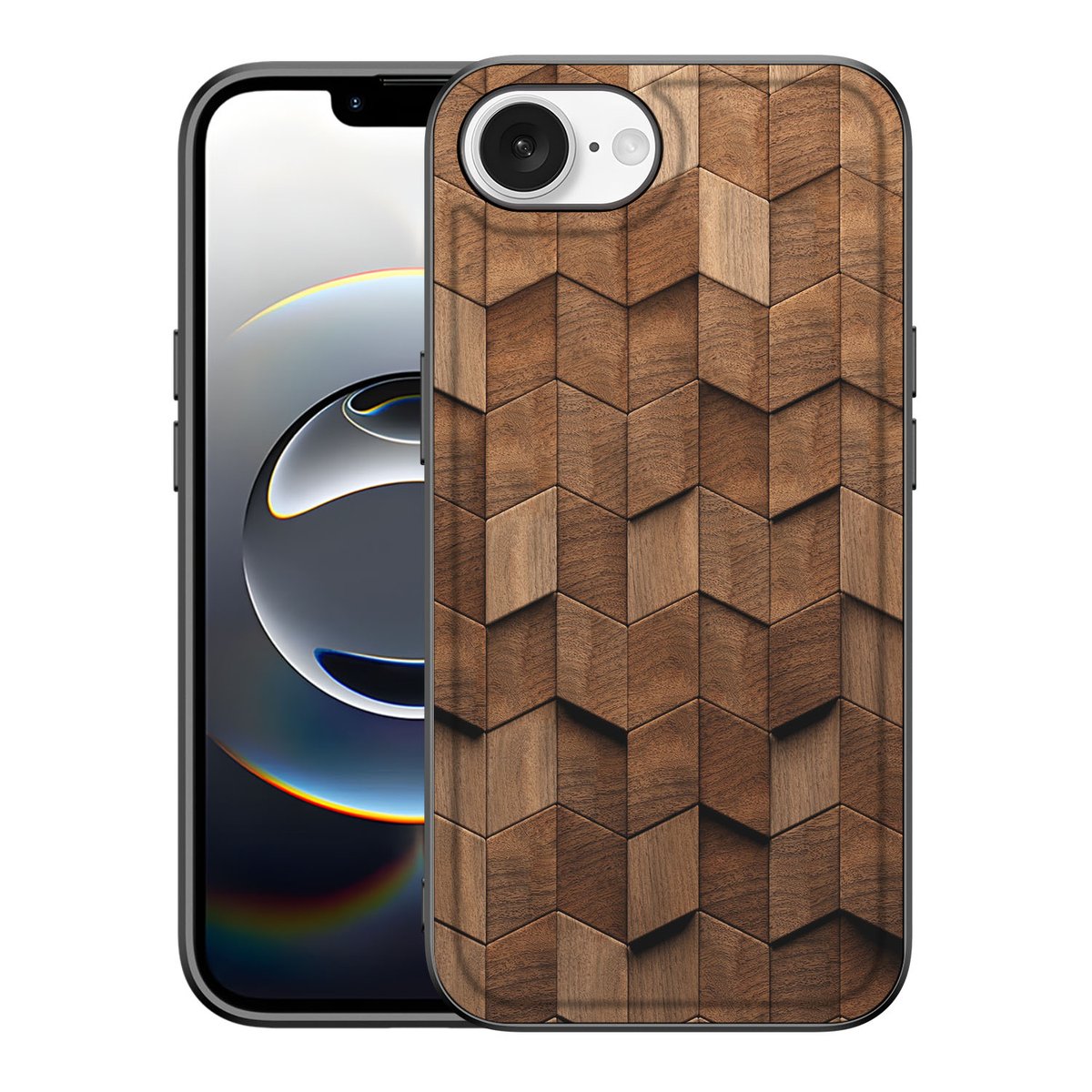 Houten Print Telefoonhoesje voor iPhone 16e Wooden Cubes design achterkant