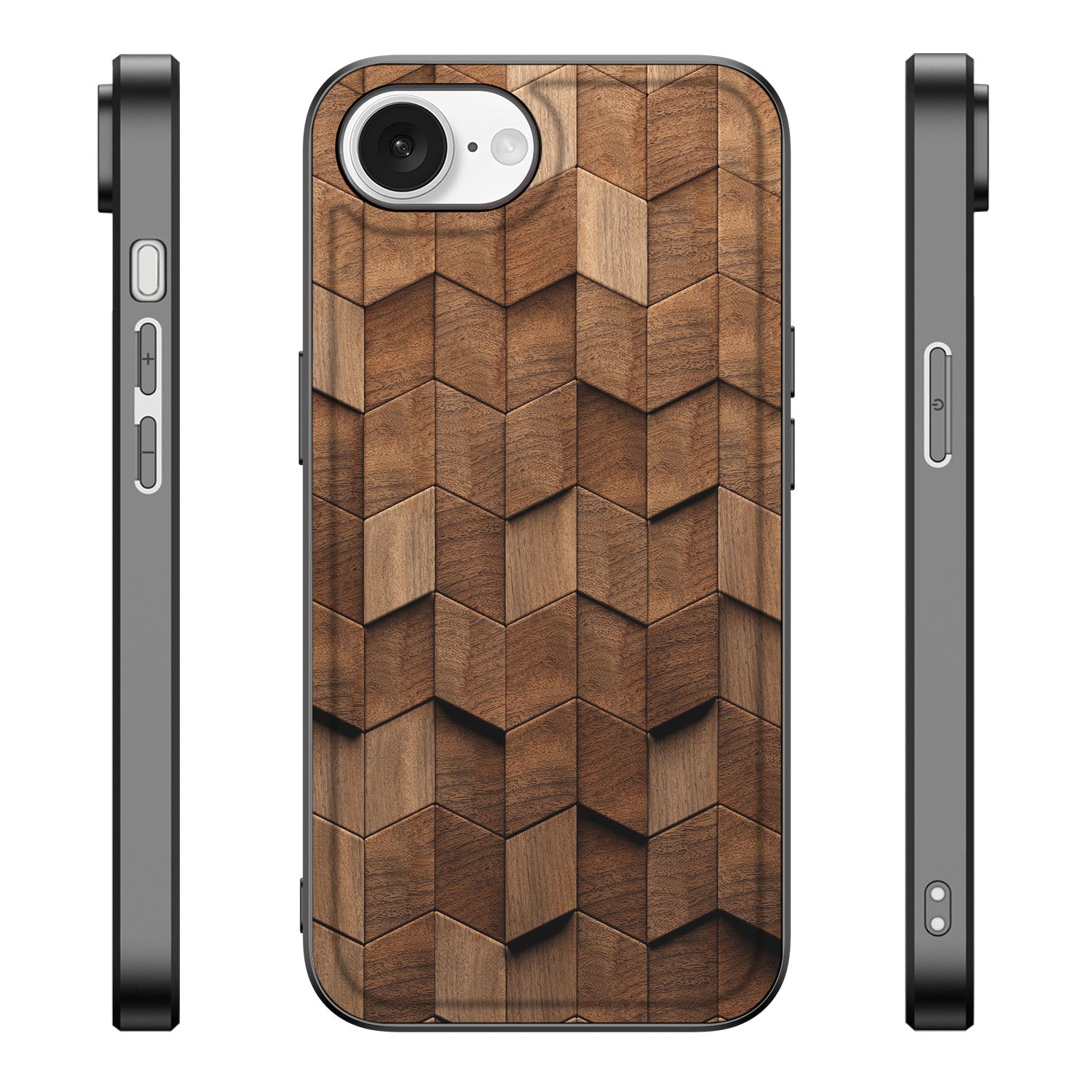iPhone 16e Houten Print Telefoonhoesje Wooden Cubes vooraan zijkanten