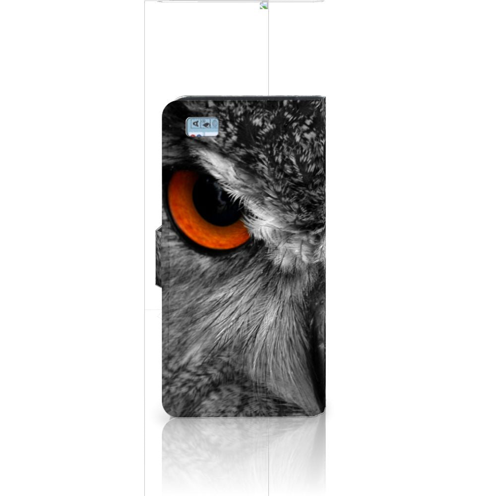 Huawei Ascend P8 Lite Telefoonhoesje met Pasjes Uil uil detail zwart wit oranje oog aanzicht