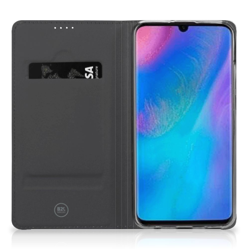 Huawei P30 Lite New Edition Magnet Case Cow met pasjesvak en standaardfunctie voor gebruiksgemak en bescherming.