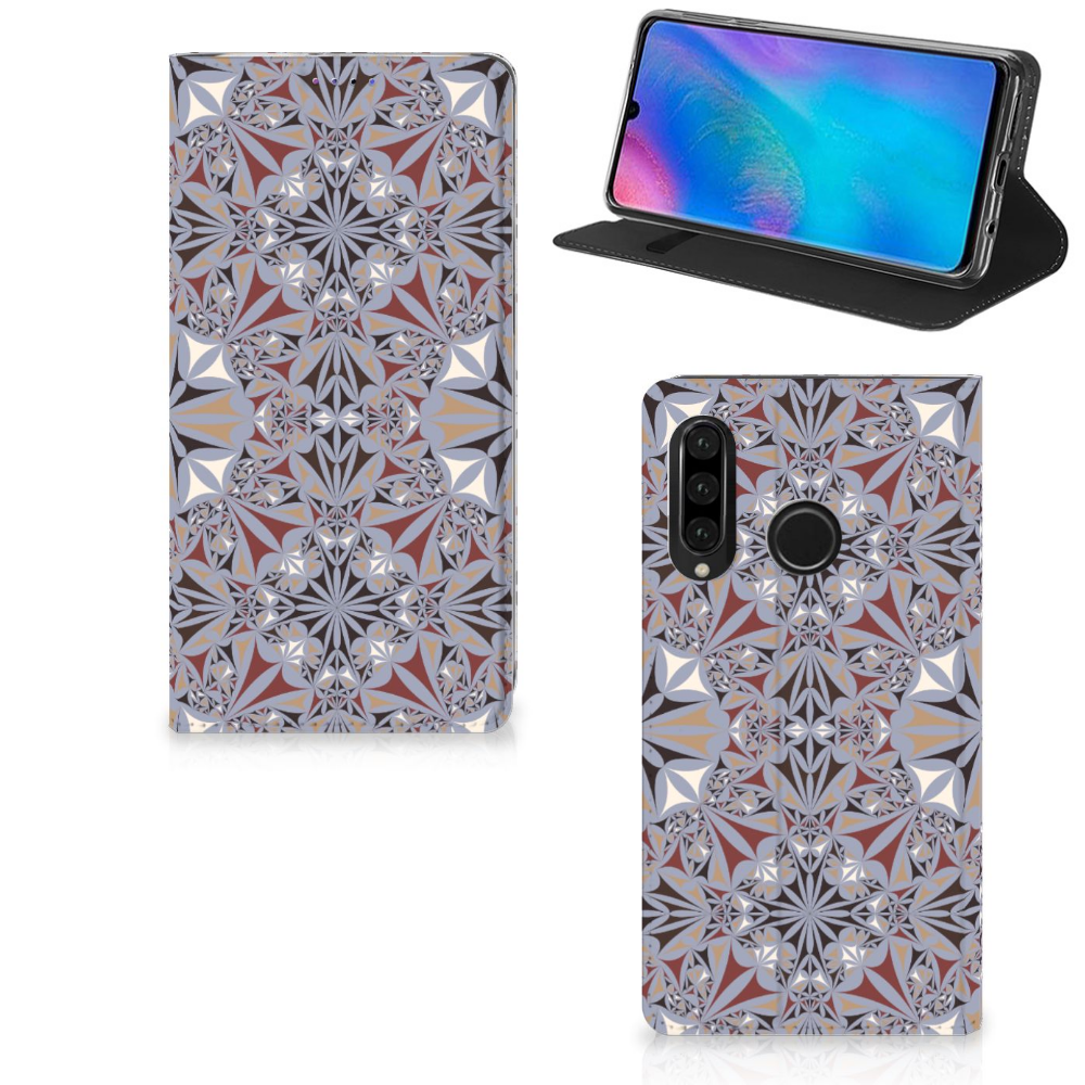 Huawei P30 Lite New Edition Standcase Flower Tiles design Flower Tiles aanzicht voorzijde