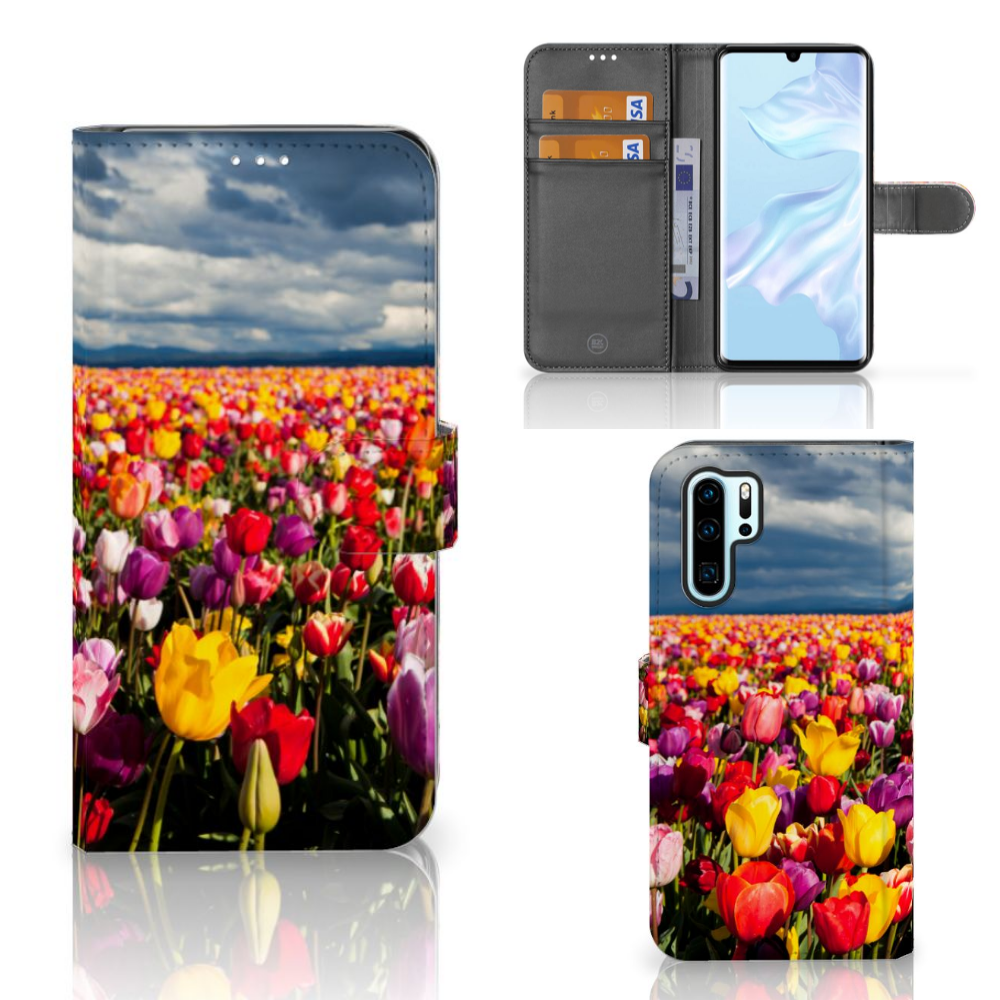 Huawei P30 Pro Hoesje Tulpen telefoonhoesje tulpenveld kleurrijk vooraanzicht