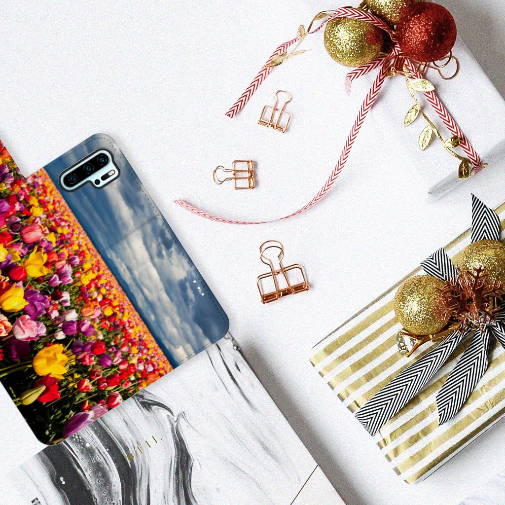 Huawei P30 Pro Hoesje Tulpen kleurrijk ontwerp bovenaanzicht